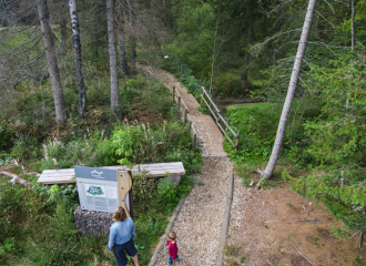 Sentier découverte, personnes lisant le panneau d'informations